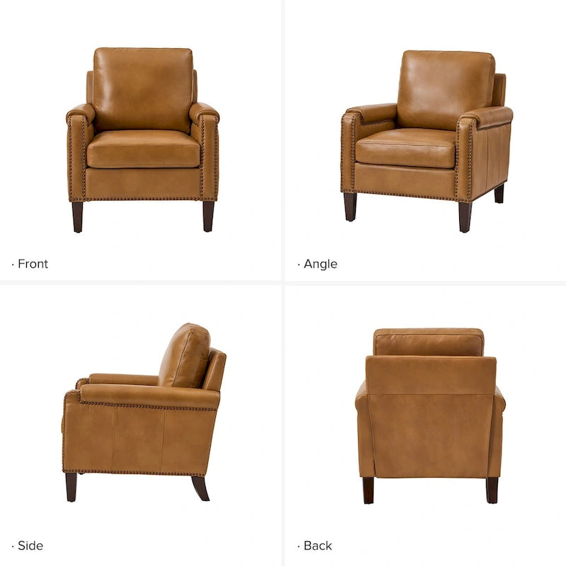 Fauteuil Kunz de transition en cuir véritable avec coussin amovible et clous décoratifs par HULALA HOME