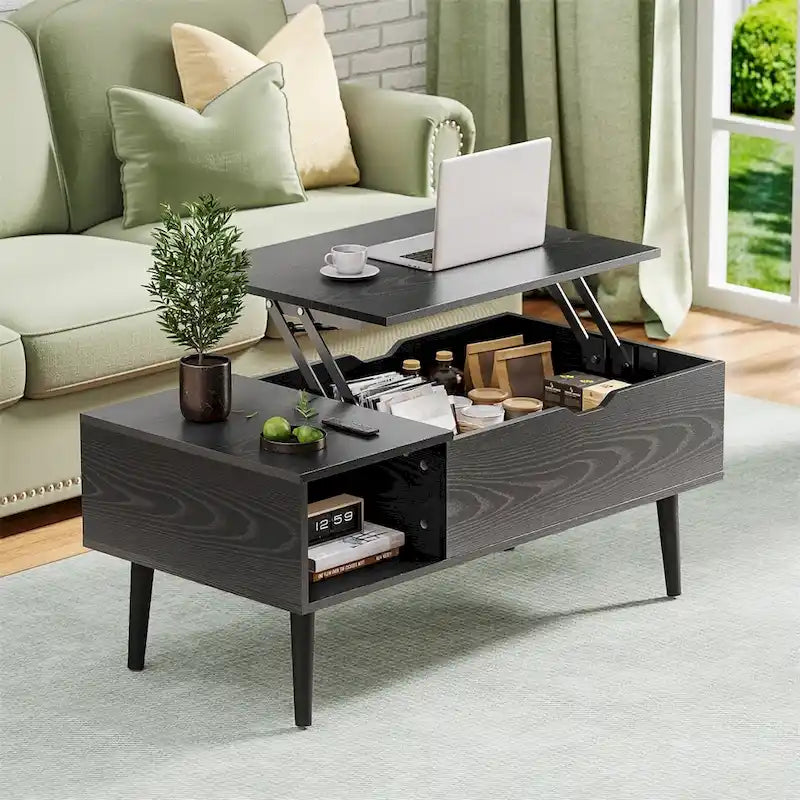 Tables basses relevables en bois avec rangement et compartiment secret