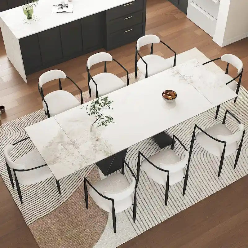 Ensemble de salle à manger moderne et minimaliste de 9 pièces avec plateau extensible en pierre frittée et double piédestal de 280 cm