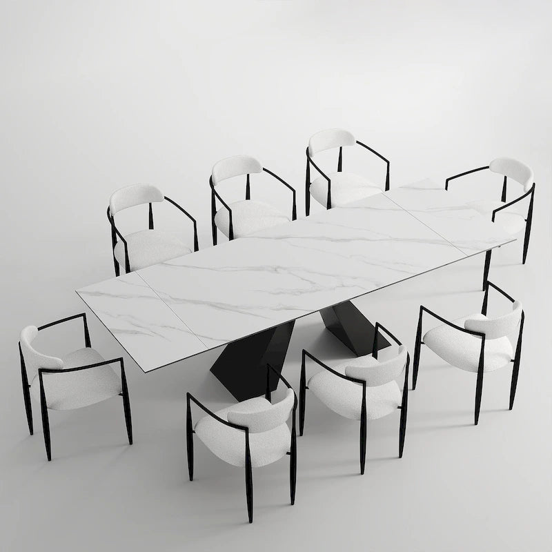 Ensemble de salle à manger moderne et minimaliste de 9 pièces avec plateau extensible en pierre frittée et double piédestal de 280 cm