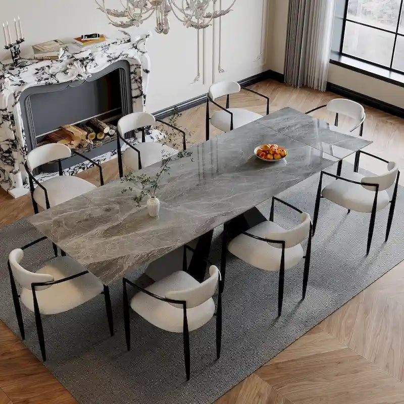 Ensemble de salle à manger moderne et minimaliste de 9 pièces avec plateau extensible en pierre frittée et double piédestal de 280 cm