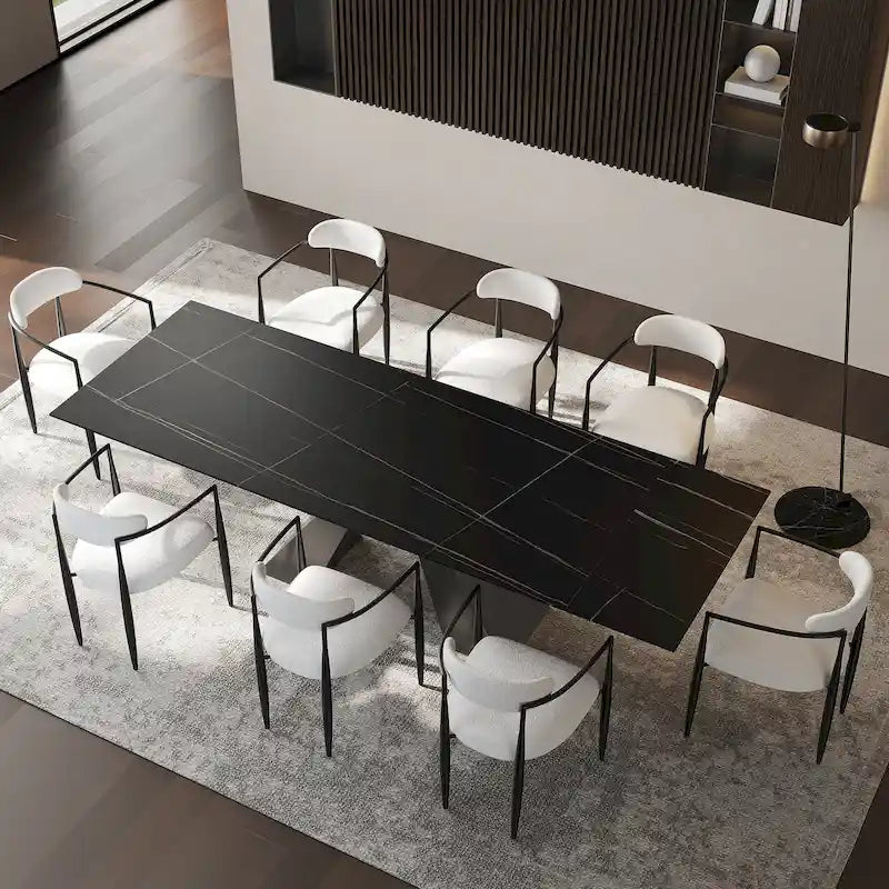 Ensemble de salle à manger moderne et minimaliste de 9 pièces avec plateau extensible en pierre frittée et double piédestal de 280 cm
