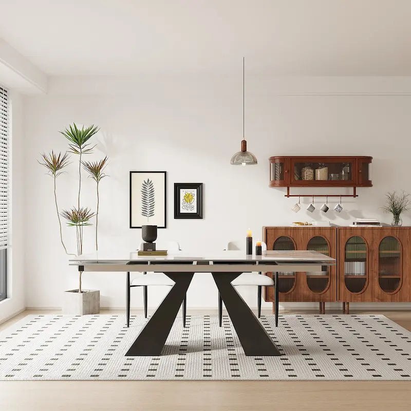 Ensemble de salle à manger moderne et minimaliste de 9 pièces avec plateau extensible en pierre frittée et double piédestal de 280 cm