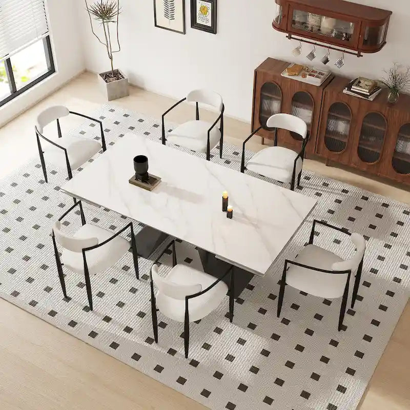 Ensemble de salle à manger moderne et minimaliste de 9 pièces avec plateau extensible en pierre frittée et double piédestal de 280 cm