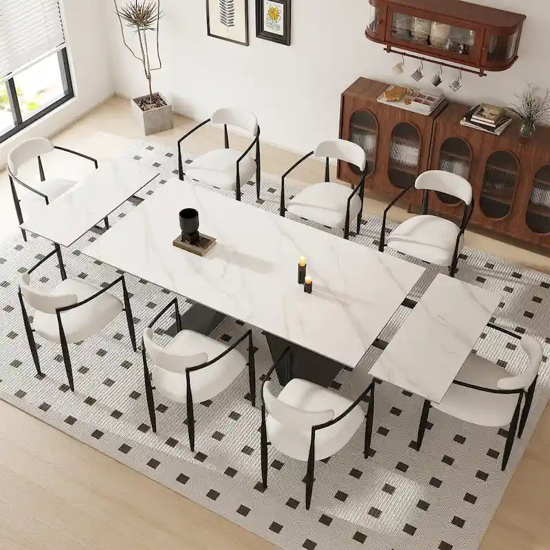 Ensemble de salle à manger moderne et minimaliste de 9 pièces avec plateau extensible en pierre frittée et double piédestal de 280 cm