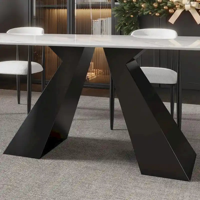 Ensemble de salle à manger moderne et minimaliste de 9 pièces avec plateau extensible en pierre frittée et double piédestal de 280 cm