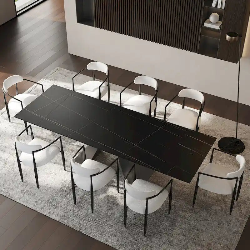 Ensemble de salle à manger moderne et minimaliste de 9 pièces avec plateau extensible en pierre frittée et double piédestal de 280 cm