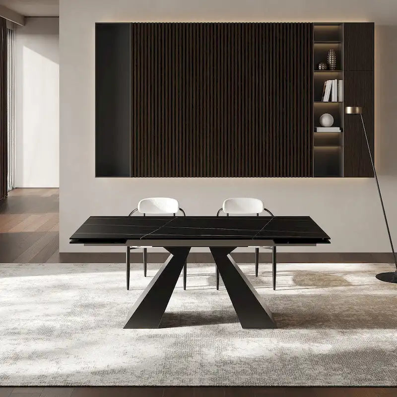 Ensemble de salle à manger moderne et minimaliste de 9 pièces avec plateau extensible en pierre frittée et double piédestal de 280 cm