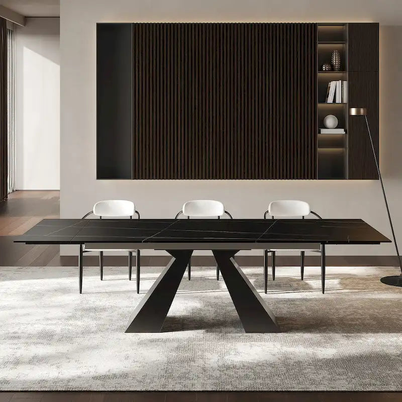 Ensemble de salle à manger moderne et minimaliste de 9 pièces avec plateau extensible en pierre frittée et double piédestal de 280 cm