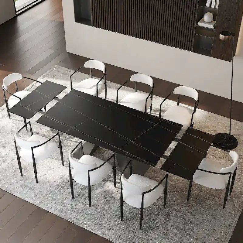 Ensemble de salle à manger moderne et minimaliste de 9 pièces avec plateau extensible en pierre frittée et double piédestal de 280 cm
