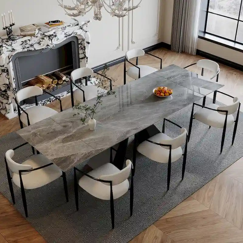 Ensemble de salle à manger moderne et minimaliste de 9 pièces avec plateau extensible en pierre frittée et double piédestal de 280 cm