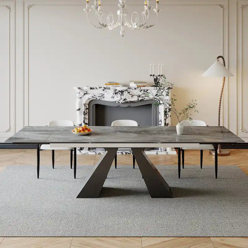Ensemble de salle à manger moderne et minimaliste de 9 pièces avec plateau extensible en pierre frittée et double piédestal de 280 cm