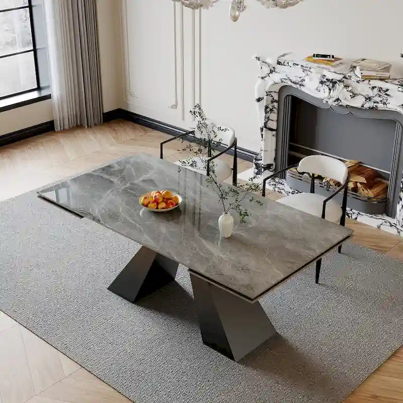 Ensemble de salle à manger moderne et minimaliste de 9 pièces avec plateau extensible en pierre frittée et double piédestal de 280 cm