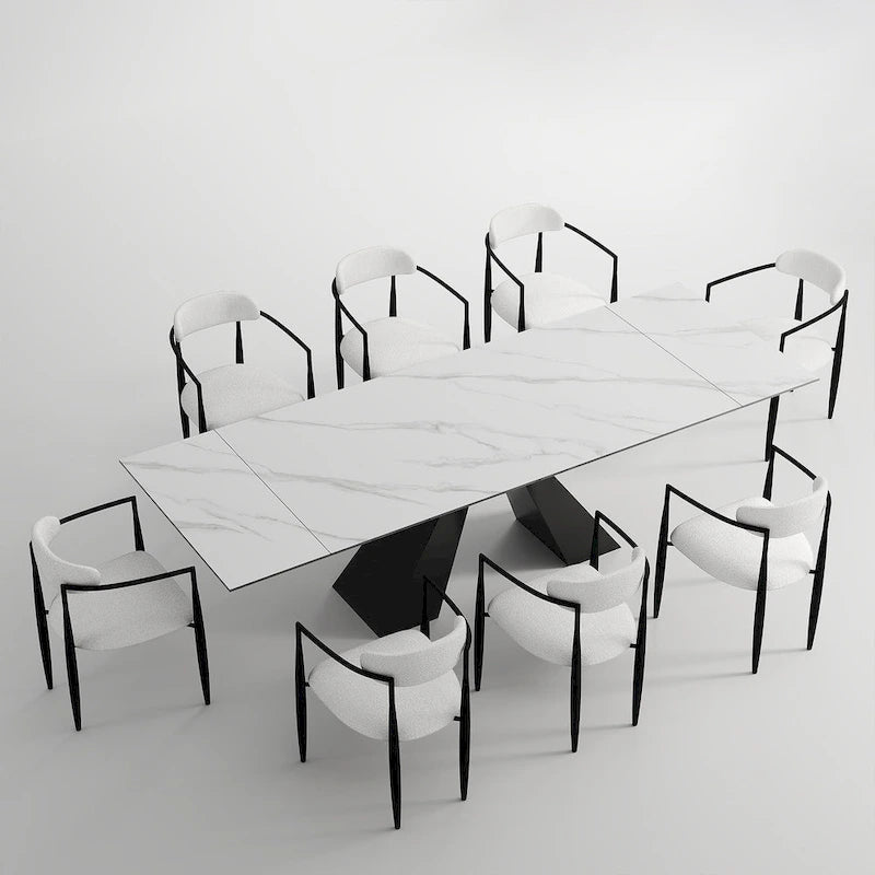 Ensemble de salle à manger moderne et minimaliste de 9 pièces avec plateau extensible en pierre frittée et double piédestal de 280 cm