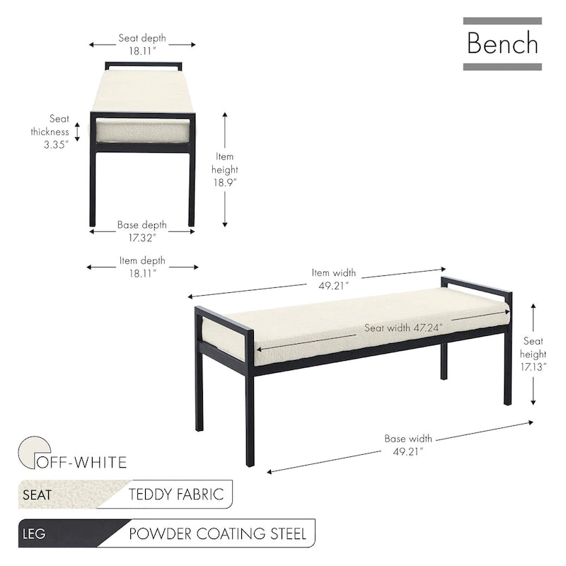 Banc rembourré en tissu Teddy Porthos Home Rue avec pieds en acier