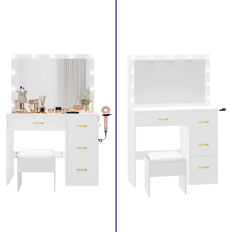 Table de toilette miroir Moasis 35.4 avec tabouret et ampoule - 35,4L x 15,7l x 53,5H