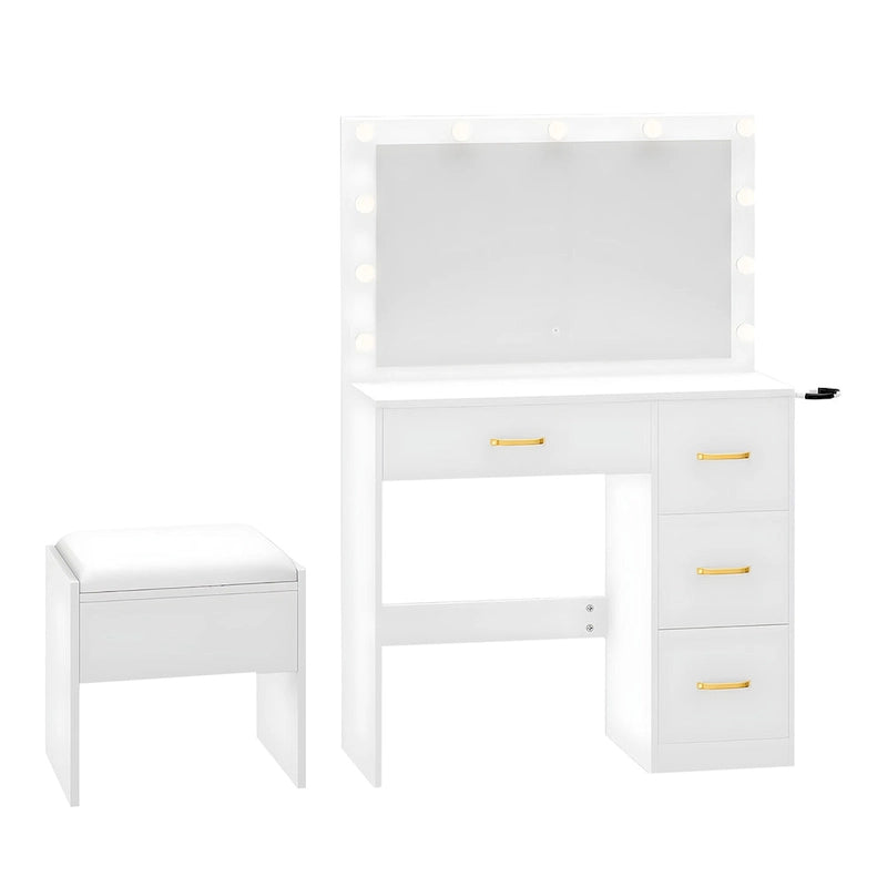 Table de toilette miroir Moasis 35.4 avec tabouret et ampoule - 35,4L x 15,7l x 53,5H