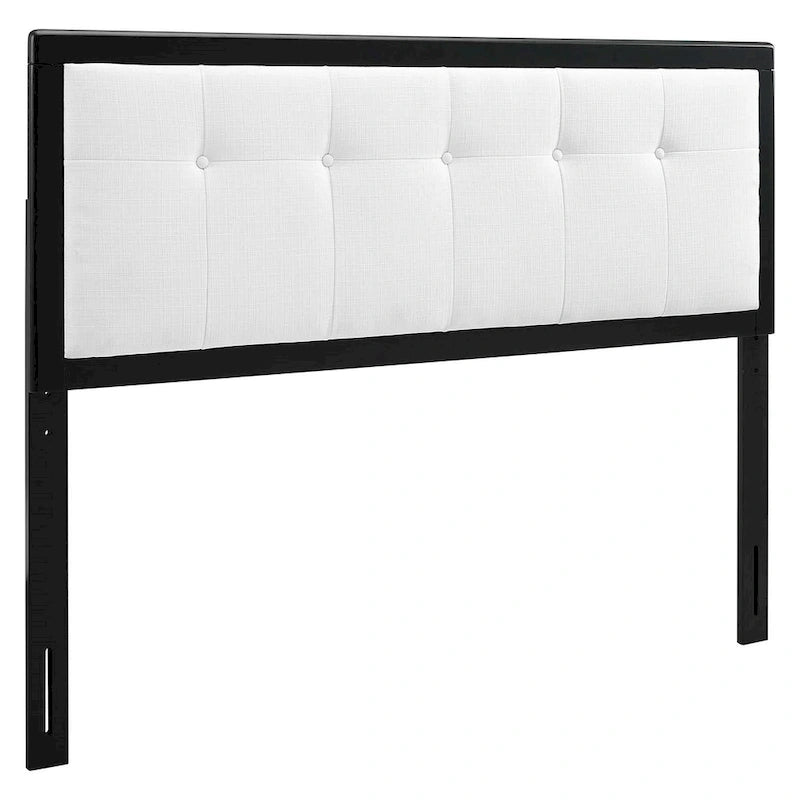 Tête de lit capitonnée Marlin traditionnelle en tissu blanc avec cadre en bois noir - Grand lit