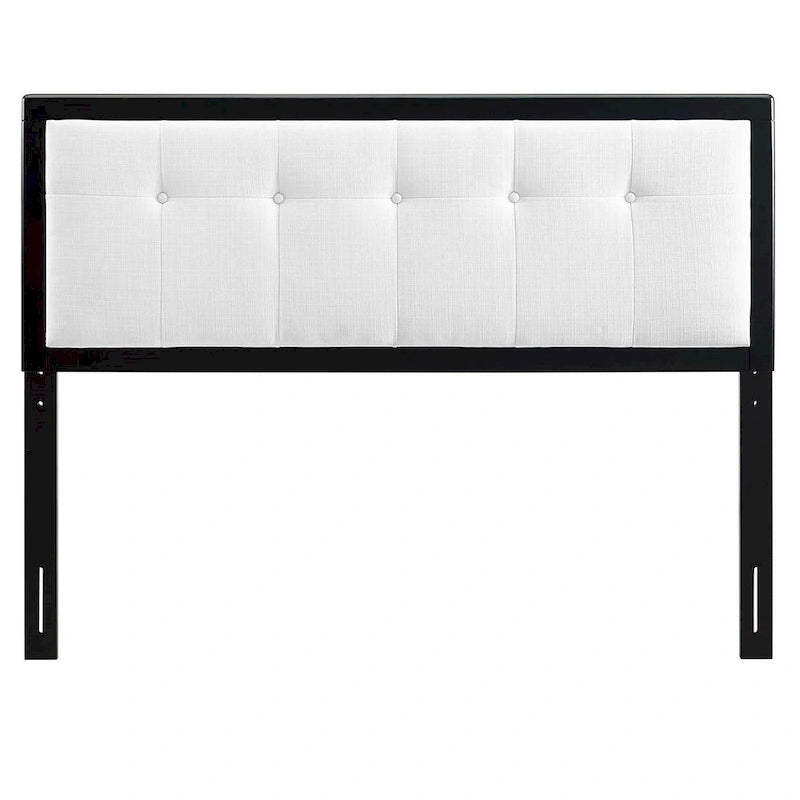 Tête de lit capitonnée Marlin traditionnelle en tissu blanc avec cadre en bois noir - Grand lit