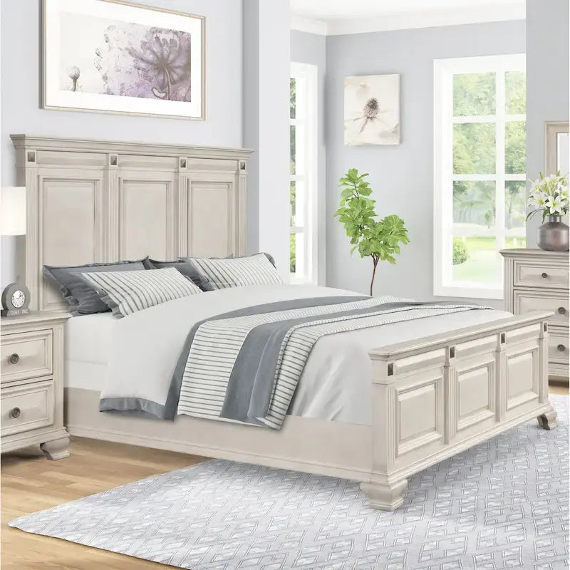 Ensemble de chambre à coucher en bois parchemin vieilli Roundhill Furniture Renova, lit à panneaux, commode, miroir, table de chevet