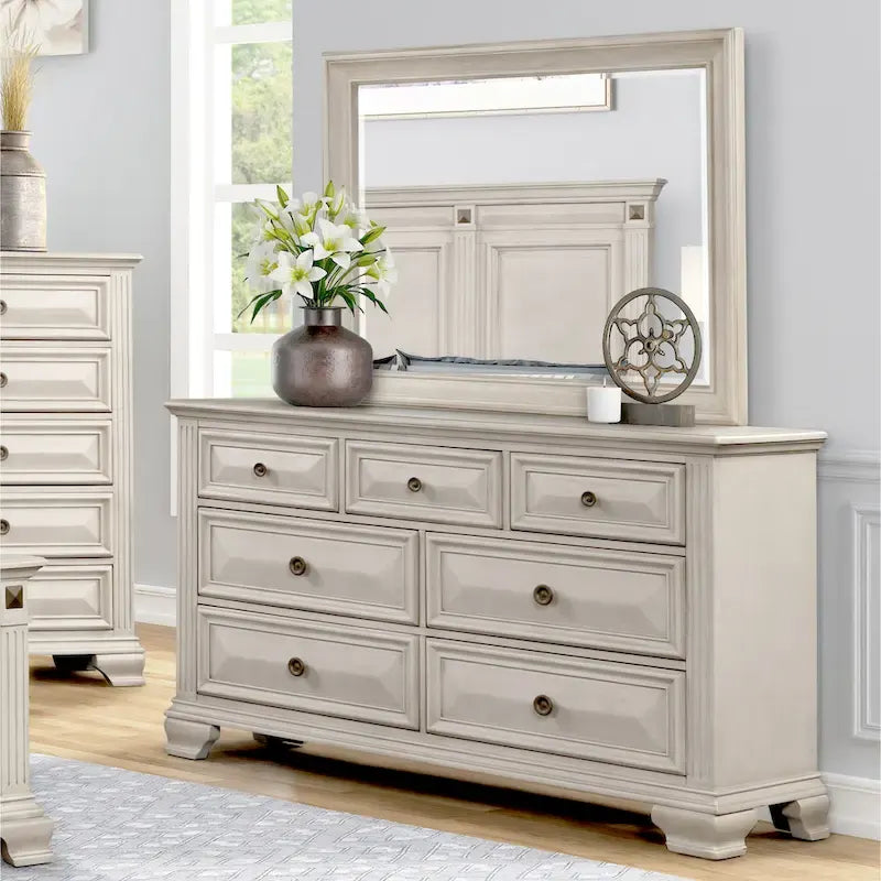 Ensemble de chambre à coucher en bois parchemin vieilli Roundhill Furniture Renova, lit à panneaux, commode, miroir, table de chevet