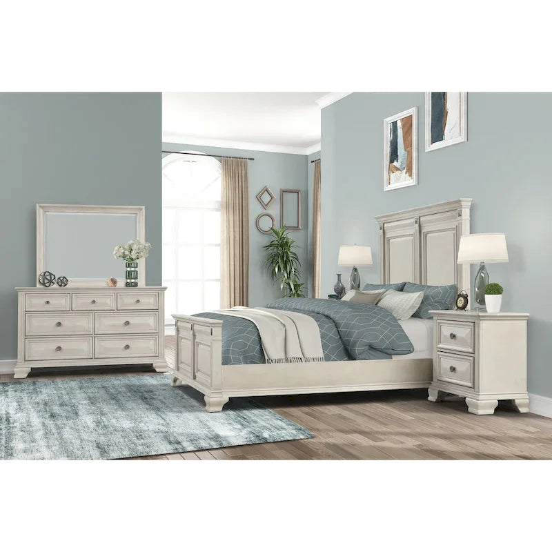 Ensemble de chambre à coucher en bois parchemin vieilli Roundhill Furniture Renova, lit à panneaux, commode, miroir, table de chevet