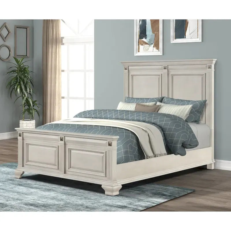 Ensemble de chambre à coucher en bois parchemin vieilli Roundhill Furniture Renova, lit à panneaux, commode, miroir, table de chevet