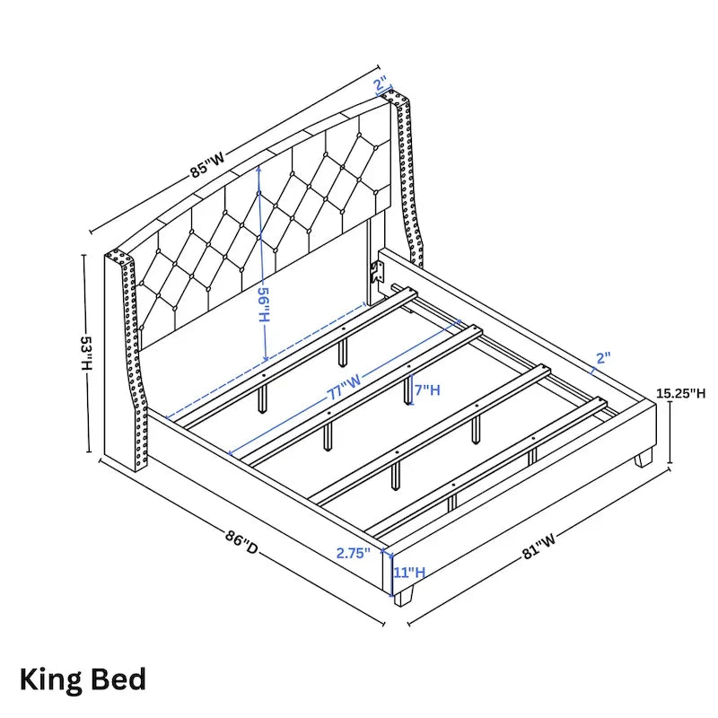 Ensemble de chambre à coucher 3 pièces Fentina de Roundhill Furniture – Lit rembourré à tête de lit capitonnée et deux tables de chevet