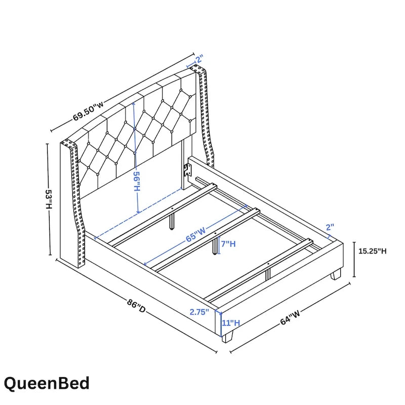 Ensemble de chambre à coucher 3 pièces Fentina de Roundhill Furniture – Lit rembourré à tête de lit capitonnée et deux tables de chevet
