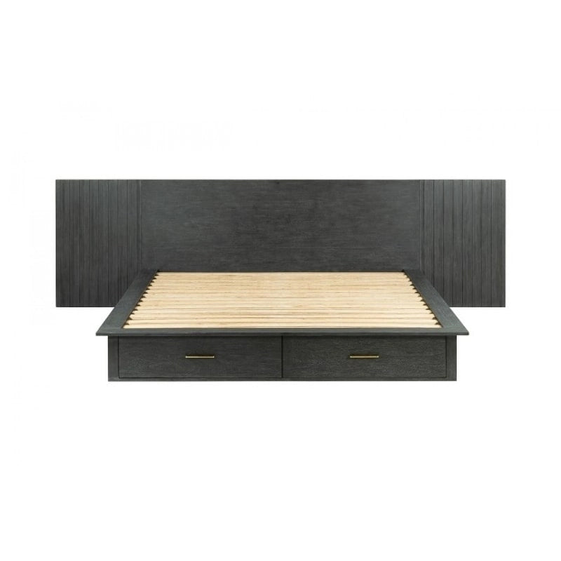 Lit plateforme contemporain Modrest Manchester gris foncé avec deux tables de chevet