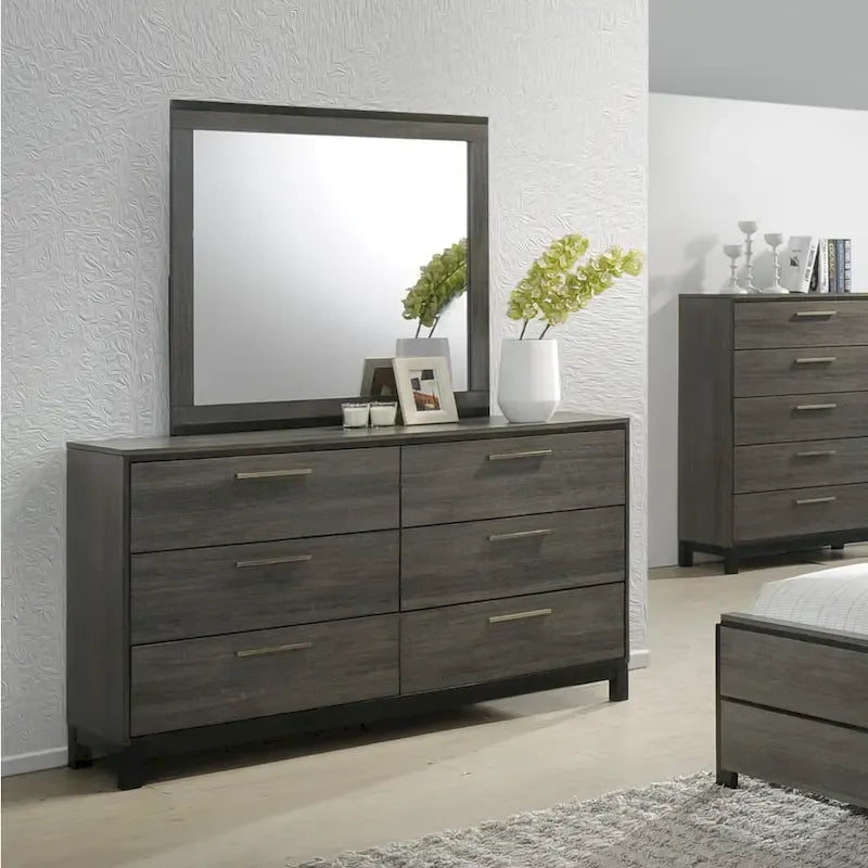 Ensemble de chambre à coucher Roundhill Furniture Ioana 187 avec finition gris antique, lit king-size, commode, miroir, table de chevet
