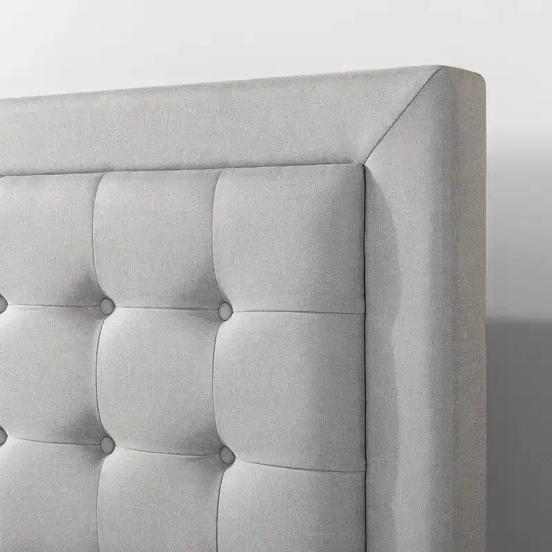 Lit plateforme capitonné haut de gamme Priage by Zinus gris sable avec boutons touffetés beiges