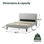 Lit plateforme capitonné haut de gamme Priage by Zinus gris sable avec boutons touffetés beiges