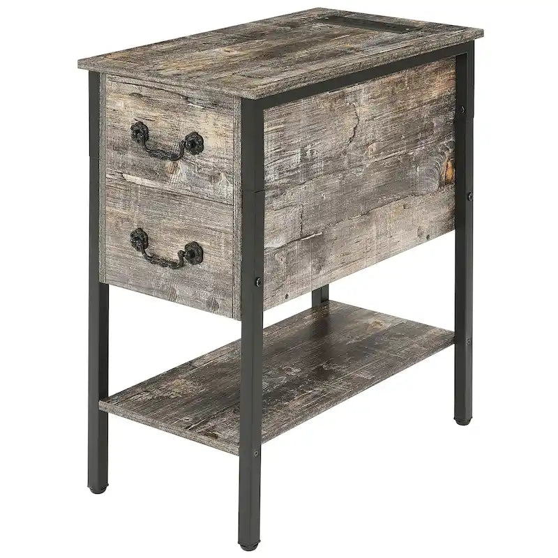 Table de chevet avec station de recharge, 2 ports USB et 2 prises de courant, table d'appoint haute avec 2 tiroirs et étagère de rangement