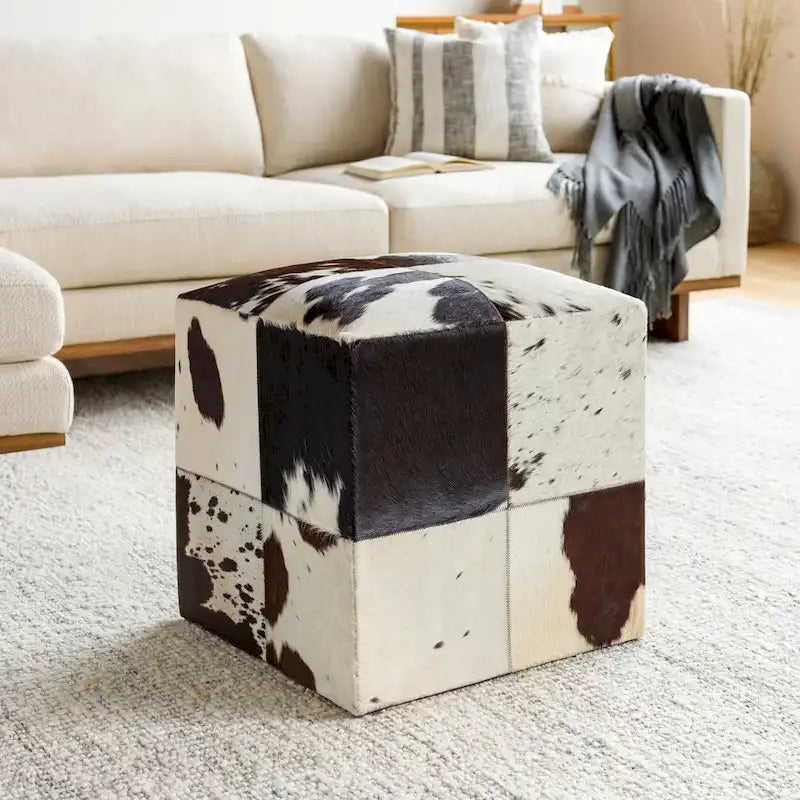 Pouf ottoman cube en cuir de vache Livabliss Cattle Range