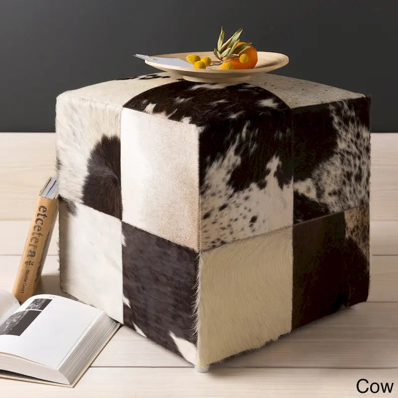 Pouf ottoman cube en cuir de vache Livabliss Cattle Range