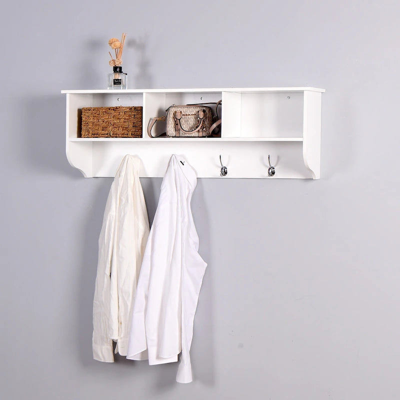 Porte-manteau mural avec 4 doubles crochets, étagère de rangement en bois pour petits espaces