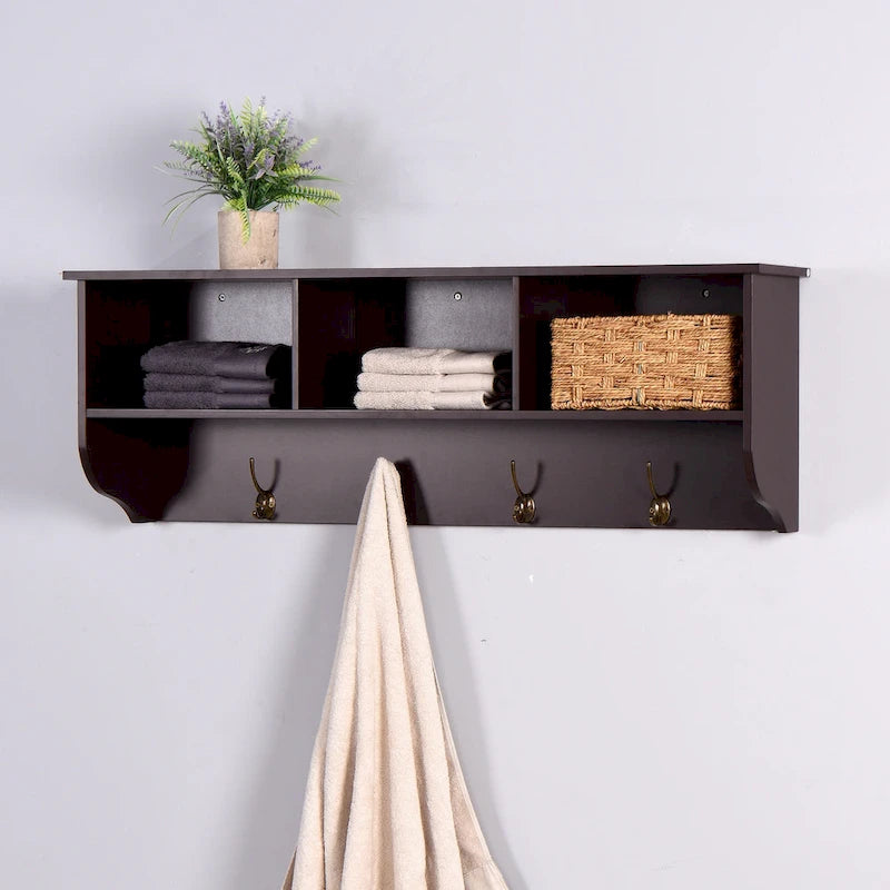 Porte-manteau mural avec 4 doubles crochets, étagère de rangement en bois pour petits espaces