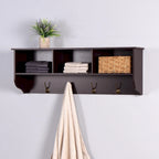 Porte-manteau mural avec 4 doubles crochets, étagère de rangement en bois pour petits espaces