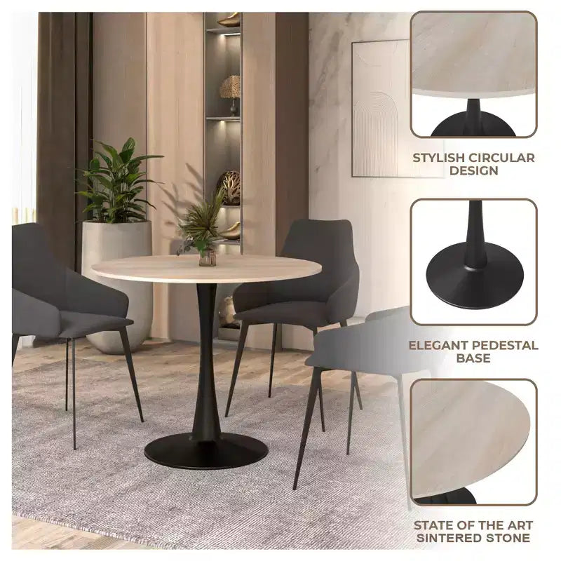 Table à manger ronde LeisureMod Bristol 31" avec plateau en pierre frittée, piédestal en acier noir, table d'appoint pour cuisine et petits espaces