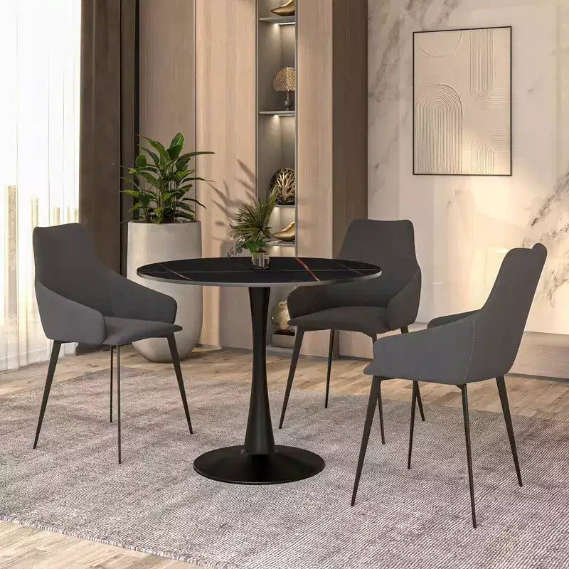 Table à manger ronde LeisureMod Bristol 31" avec plateau en pierre frittée, piédestal en acier noir, table d'appoint pour cuisine et petits espaces