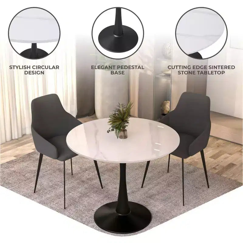 Table à manger ronde LeisureMod Bristol 31" avec plateau en pierre frittée, piédestal en acier noir, table d'appoint pour cuisine et petits espaces