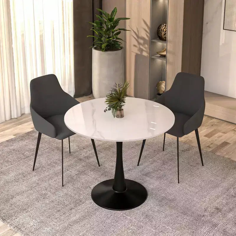 Table à manger ronde LeisureMod Bristol 31" avec plateau en pierre frittée, piédestal en acier noir, table d'appoint pour cuisine et petits espaces