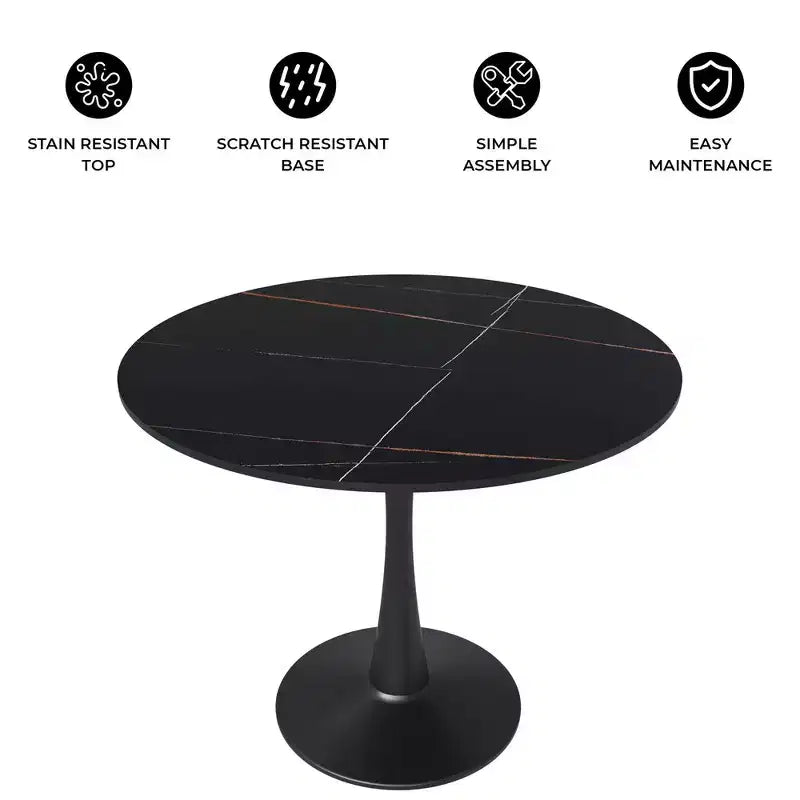 Table à manger ronde LeisureMod Bristol 31" avec plateau en pierre frittée, piédestal en acier noir, table d'appoint pour cuisine et petits espaces
