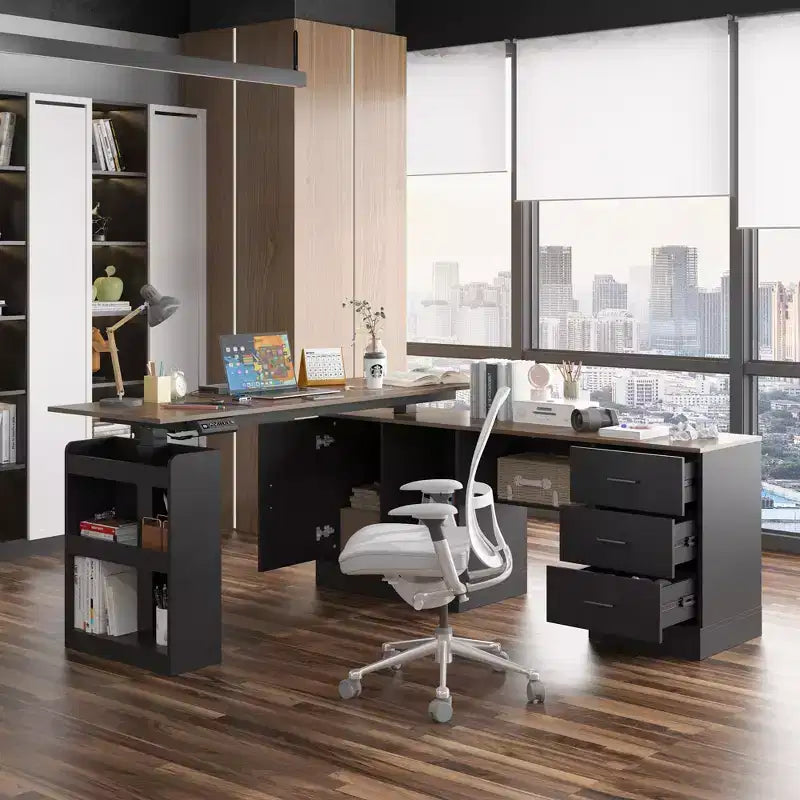 Famapy Hauteur - Bureau d'ordinateur réglable Bureau d'ordinateur Bureau debout: Bureau spacieux en forme de L, Armoires de rangement