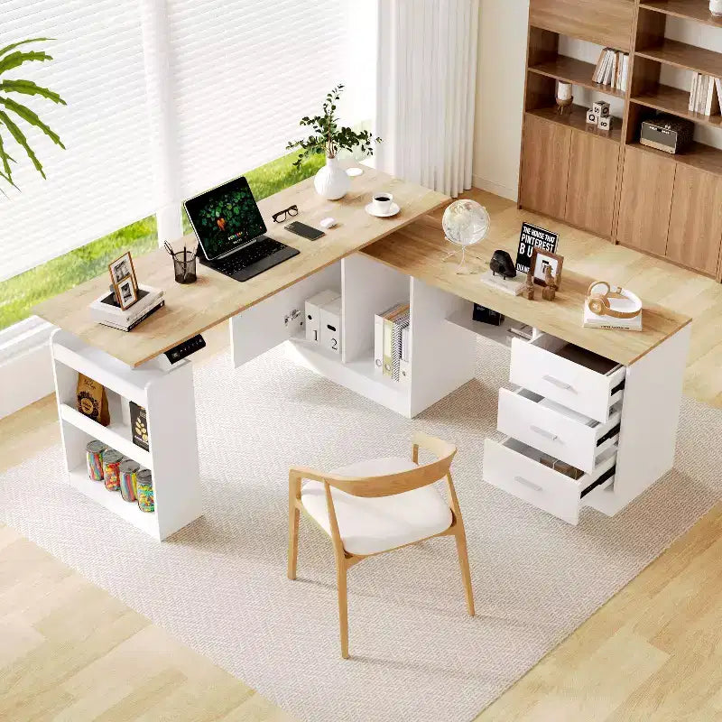 Famapy Height - Adjustable Computer Desk Office Desk Standing Desk:L - Shaped Spacious Desktop, Storage Cabinets