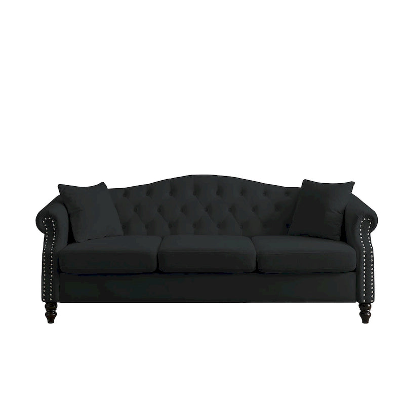 [Vidéo] Canapé Chesterfield 79 en velours noir pour salon, canapé 3 places touffeté avec accoudoirs roulés et têtes de clous pour le salon