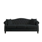 [Vidéo] Canapé Chesterfield 79 en velours noir pour salon, canapé 3 places touffeté avec accoudoirs roulés et têtes de clous pour le salon