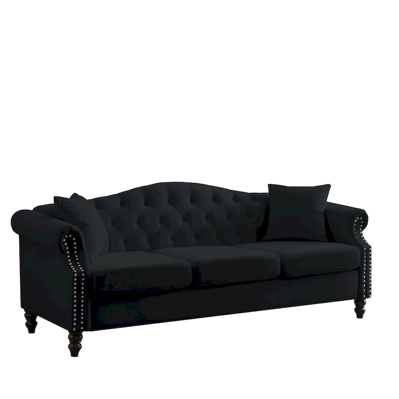[Vidéo] Canapé Chesterfield 79 en velours noir pour salon, canapé 3 places touffeté avec accoudoirs roulés et têtes de clous pour le salon