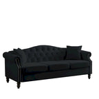 [Vidéo] Canapé Chesterfield 79 en velours noir pour salon, canapé 3 places touffeté avec accoudoirs roulés et têtes de clous pour le salon